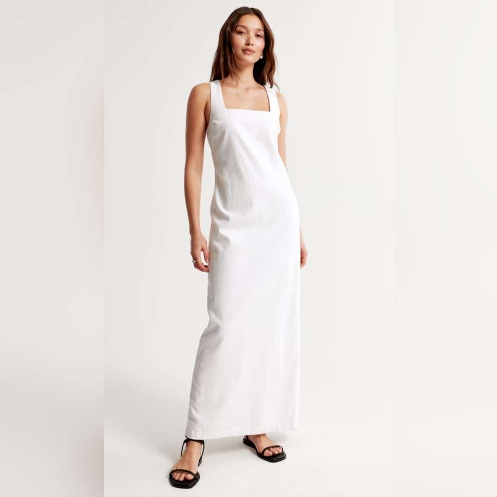 Abercrombie Linen-Blend Shift White Lined Maxi Dress Size Small/Medium Petite